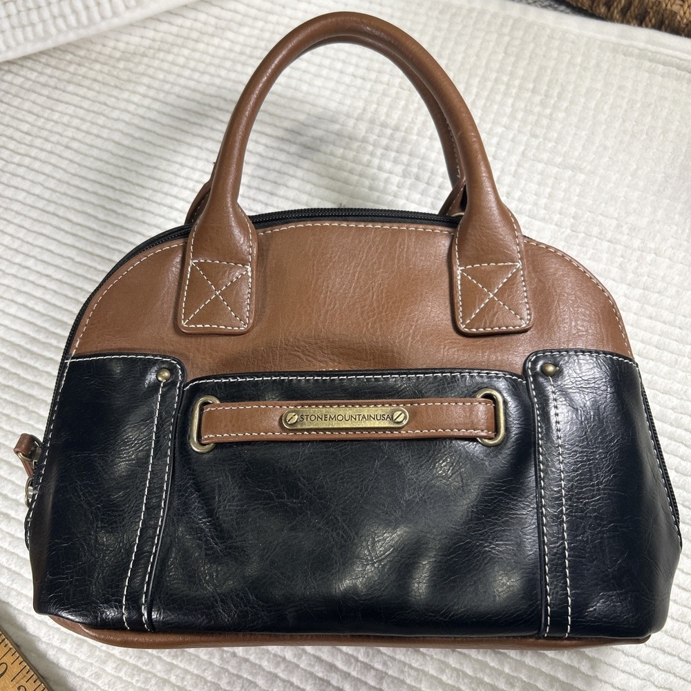 Vtg Stone Mountain Leather Purse Handbag Black and Brown Satchel‎ Clean Classic